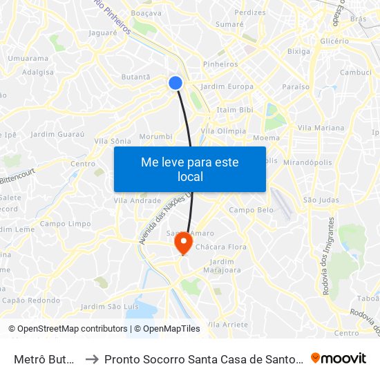 Metrô Butantã to Pronto Socorro Santa Casa de Santo Amaro map