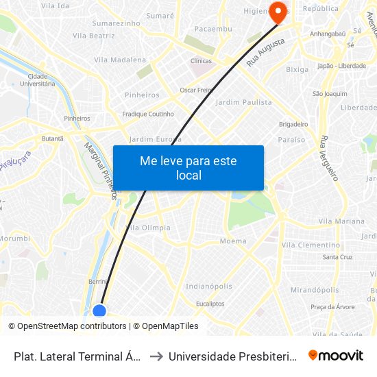 Plat. Lateral Terminal Água Espraiada to Universidade Presbiteriana Mackenzie map