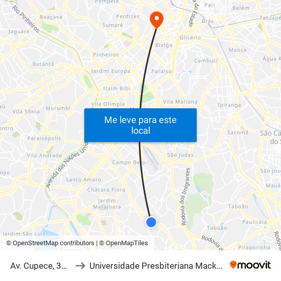 Av. Cupece, 3144 to Universidade Presbiteriana Mackenzie map