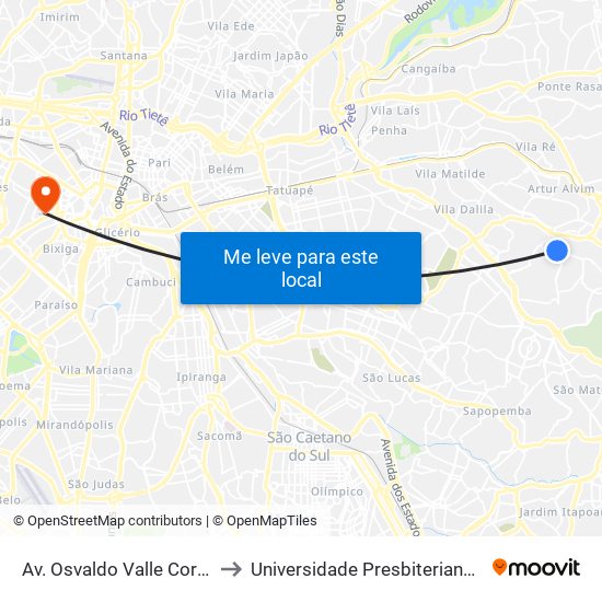 Av. Osvaldo Valle Cordeiro, 614 to Universidade Presbiteriana Mackenzie map