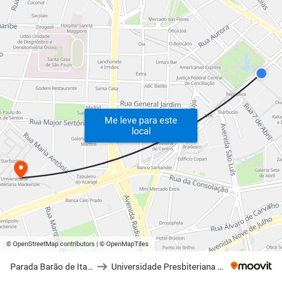 Parada Barão de Itapetinga to Universidade Presbiteriana Mackenzie map