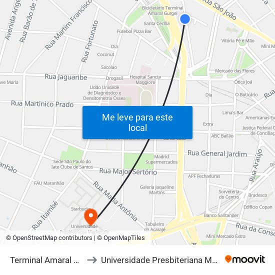 Terminal Amaral Gurgel to Universidade Presbiteriana Mackenzie map