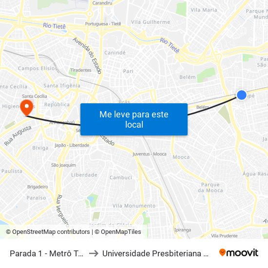 Parada 1 - Metrô Tatuapé to Universidade Presbiteriana Mackenzie map