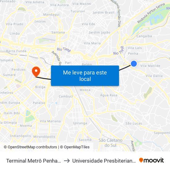 Terminal Metrô Penha (Lado Sul) to Universidade Presbiteriana Mackenzie map