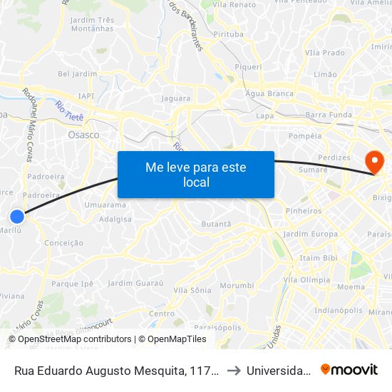 Rua Eduardo Augusto Mesquita, 1178 - Terminal da Linha 181 No Parque Santa Tereza - Jardim Elzinha, Carapicuíba to Universidade Presbiteriana Mackenzie map