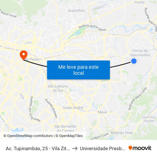 Ac. Tupinambás, 25 - Vila Zita, Ferraz de Vasconcelos to Universidade Presbiteriana Mackenzie map