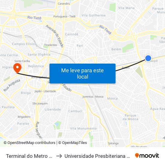 Terminal do Metro Tatuape to Universidade Presbiteriana Mackenzie map