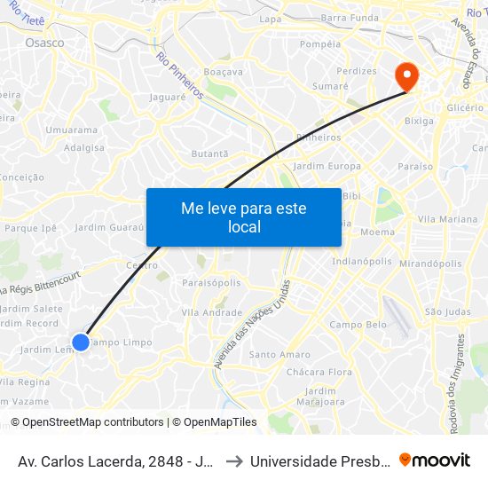 Av. Carlos Lacerda, 2848 - Jardim Elizabeth, São Paulo to Universidade Presbiteriana Mackenzie map