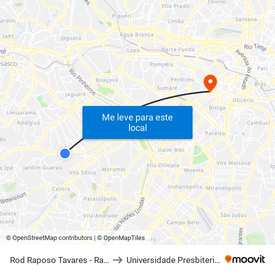 Rod Raposo Tavares - Raposo Shopping to Universidade Presbiteriana Mackenzie map