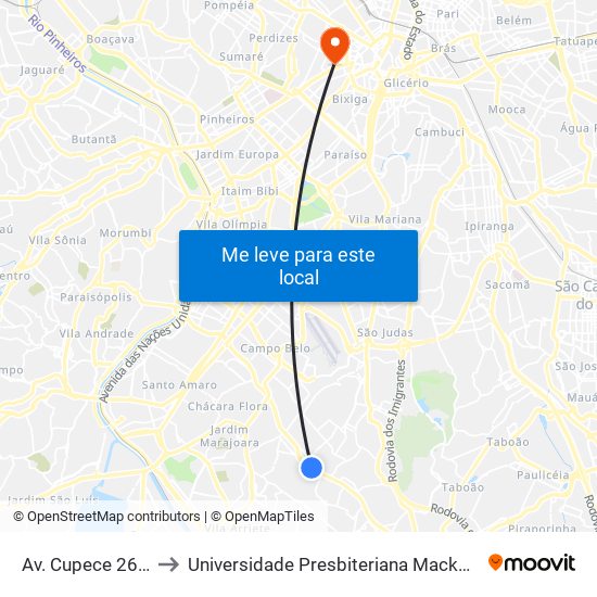 Av. Cupece 2671 to Universidade Presbiteriana Mackenzie map