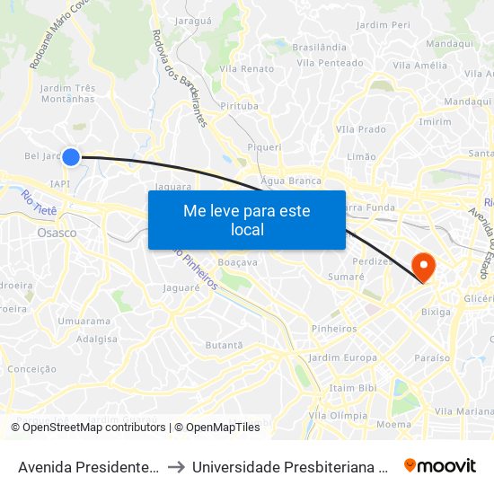 Avenida Presidente Médici to Universidade Presbiteriana Mackenzie map