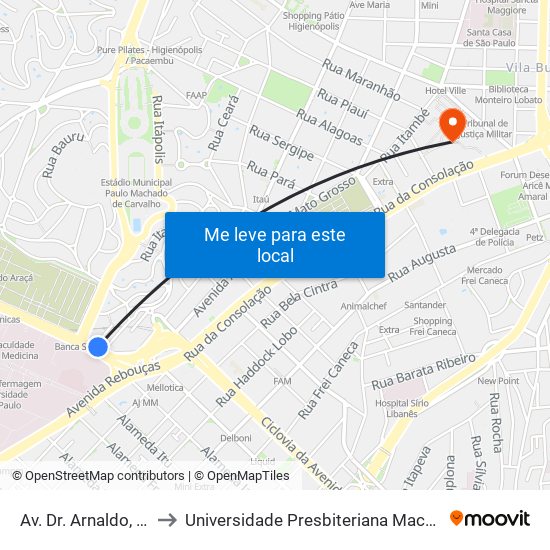 Av. Dr. Arnaldo, 128 to Universidade Presbiteriana Mackenzie map