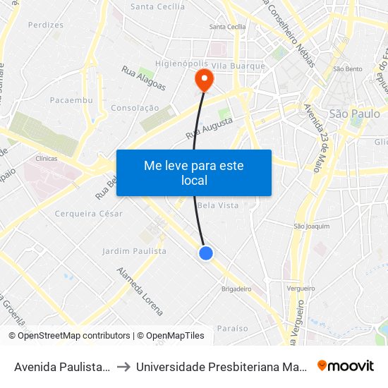 Avenida Paulista 900 to Universidade Presbiteriana Mackenzie map