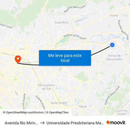 Avenida Rio Mirivaí 21 to Universidade Presbiteriana Mackenzie map