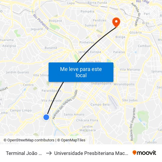 Terminal João Dias to Universidade Presbiteriana Mackenzie map