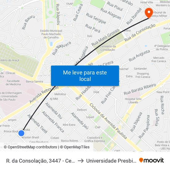 R. da Consolação, 3447 - Cerqueira César, São Paulo to Universidade Presbiteriana Mackenzie map