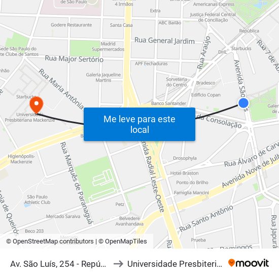 Av. São Luís, 254 - República, São Paulo to Universidade Presbiteriana Mackenzie map