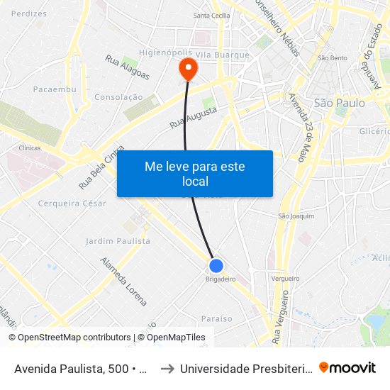 Avenida Paulista, 500 • Metrô Brigadeiro to Universidade Presbiteriana Mackenzie map
