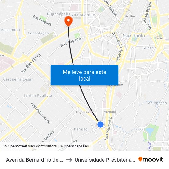 Avenida Bernardino de Campos 173 to Universidade Presbiteriana Mackenzie map