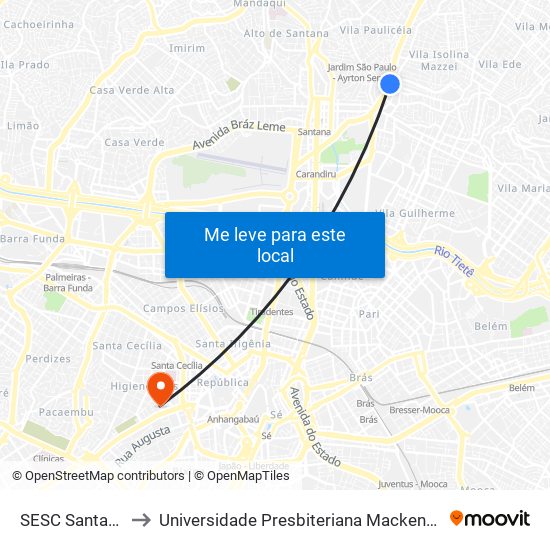 SESC Santana to Universidade Presbiteriana Mackenzie map