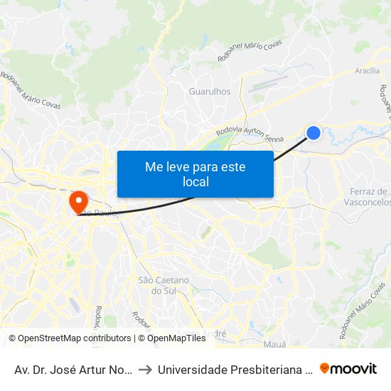 Av. Dr. José Artur Nova, 2748 to Universidade Presbiteriana Mackenzie map