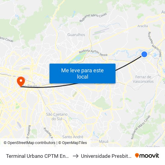 Terminal Urbano CPTM Engenheiro Manoel Feio to Universidade Presbiteriana Mackenzie map