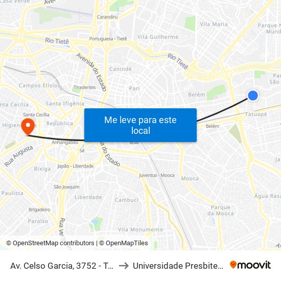 Av. Celso Garcia, 3752 - Tatuapé, São Paulo to Universidade Presbiteriana Mackenzie map