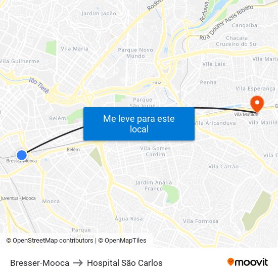 Bresser-Mooca to Hospital São Carlos map