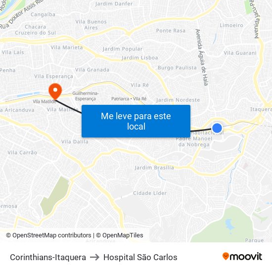 Corinthians-Itaquera to Hospital São Carlos map