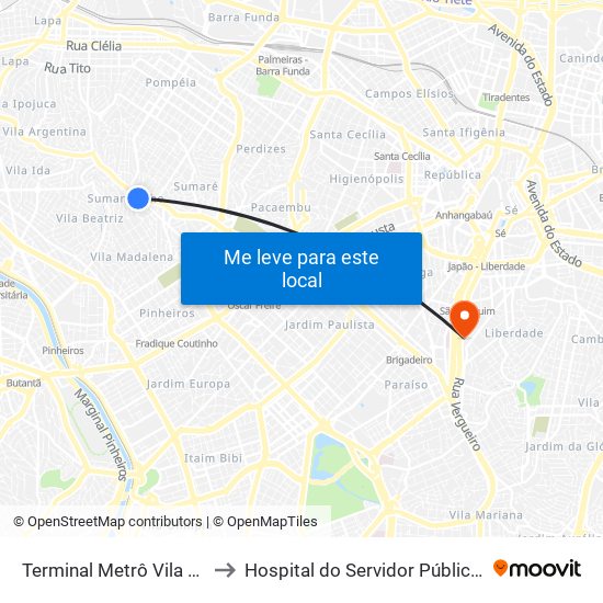 Terminal Metrô Vila Madalena to Hospital do Servidor Público Municipal map