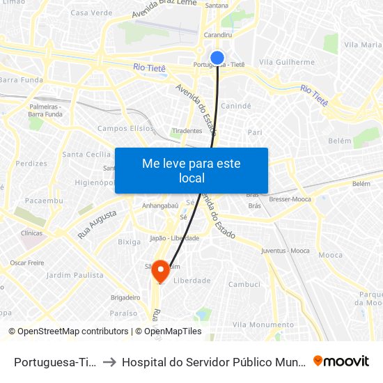 Portuguesa-Tietê to Hospital do Servidor Público Municipal map