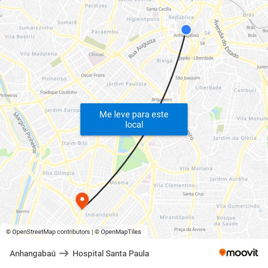 Anhangabaú to Hospital Santa Paula map