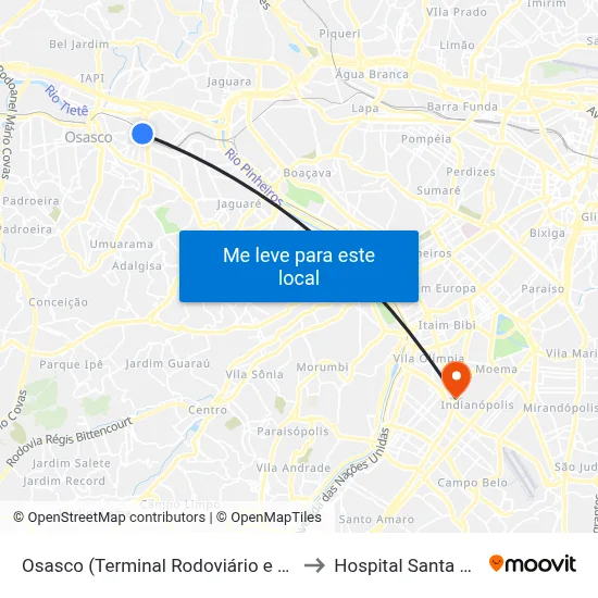 Osasco (Terminal Rodoviário e Urbano) to Hospital Santa Paula map