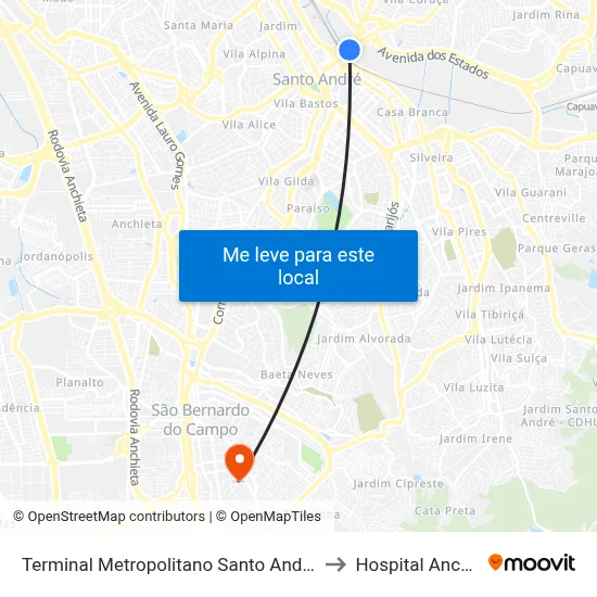 Terminal Metropolitano Santo André Leste to Hospital Anchieta map