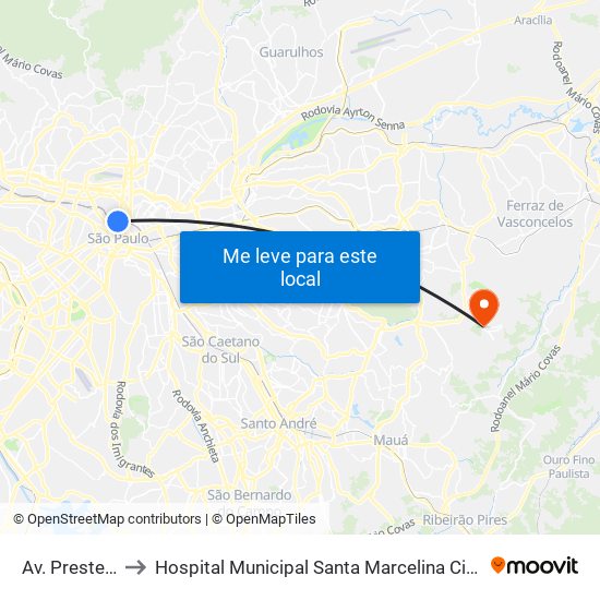 Av. Prestes Maia, 940 to Hospital Municipal Santa Marcelina Cidade Tiradentes - Carmem Prudente map