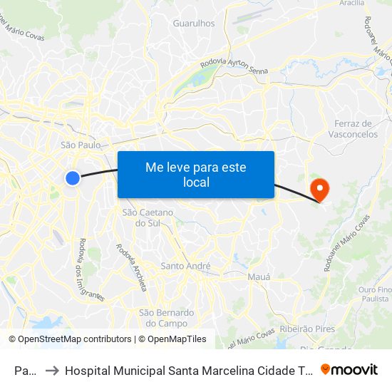 Paraíso to Hospital Municipal Santa Marcelina Cidade Tiradentes - Carmem Prudente map