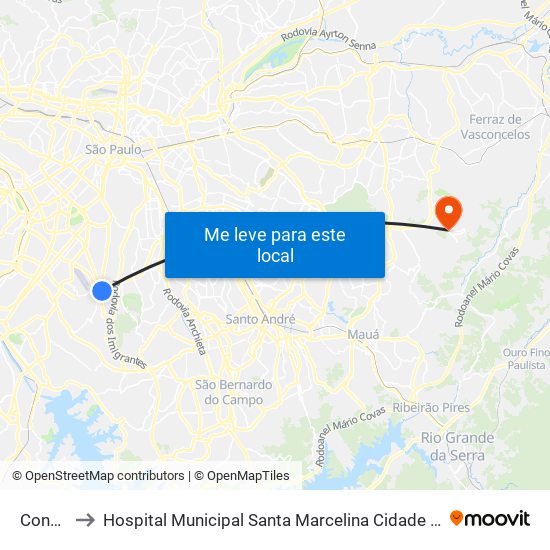 Conceição to Hospital Municipal Santa Marcelina Cidade Tiradentes - Carmem Prudente map