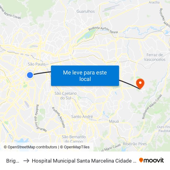 Brigadeiro to Hospital Municipal Santa Marcelina Cidade Tiradentes - Carmem Prudente map