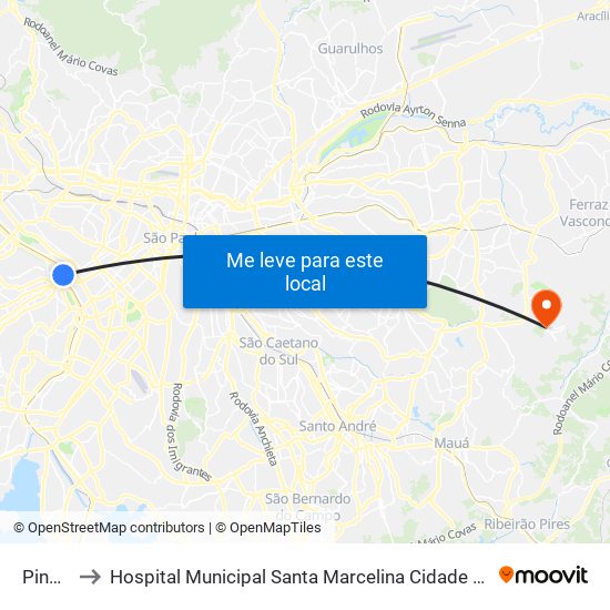 Pinheiros to Hospital Municipal Santa Marcelina Cidade Tiradentes - Carmem Prudente map