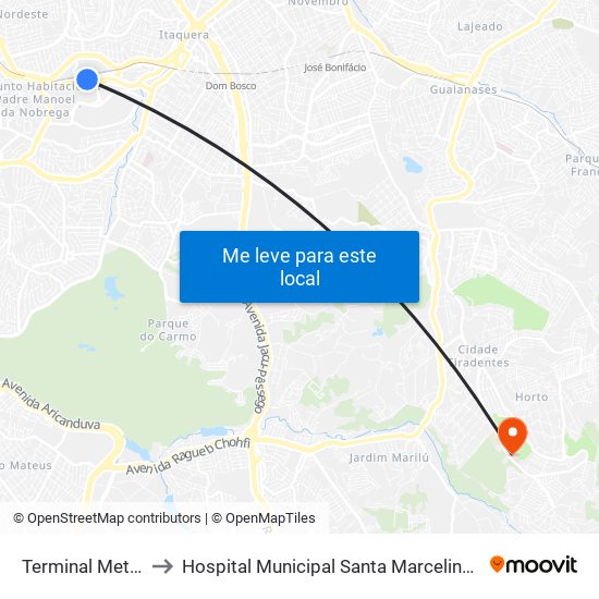Terminal Metrô Itaquera Norte to Hospital Municipal Santa Marcelina Cidade Tiradentes - Carmem Prudente map