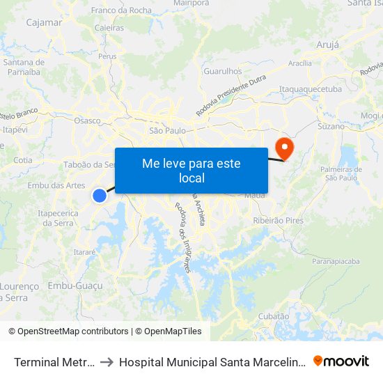 Terminal Metro Capão Redondo to Hospital Municipal Santa Marcelina Cidade Tiradentes - Carmem Prudente map