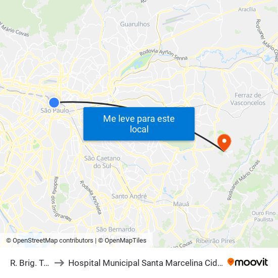 R. Brig. Tobias, 780 to Hospital Municipal Santa Marcelina Cidade Tiradentes - Carmem Prudente map