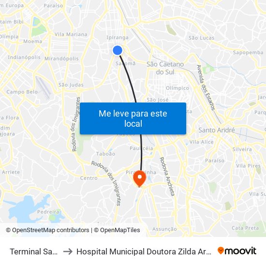 Terminal Sacomã to Hospital Municipal Doutora Zilda Arns Neumann map