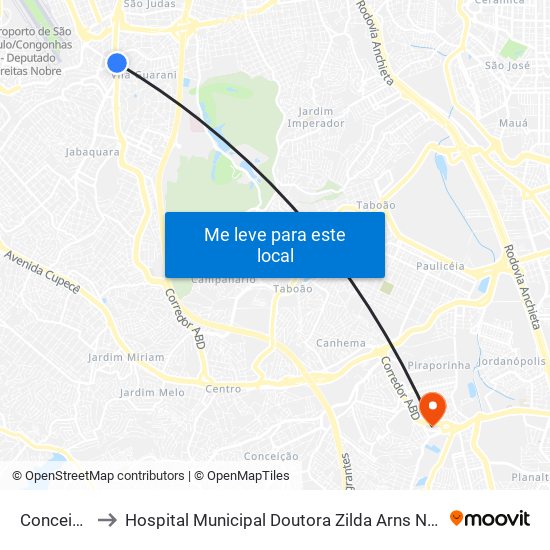 Conceição to Hospital Municipal Doutora Zilda Arns Neumann map