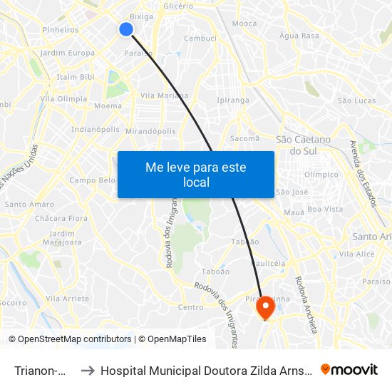 Trianon-Masp to Hospital Municipal Doutora Zilda Arns Neumann map