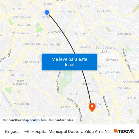 Brigadeiro to Hospital Municipal Doutora Zilda Arns Neumann map