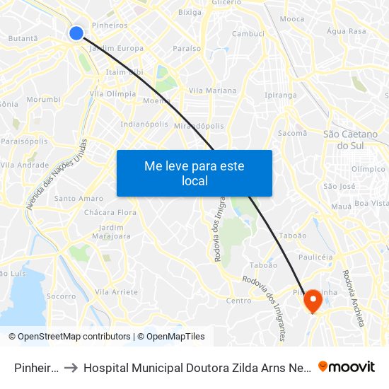 Pinheiros to Hospital Municipal Doutora Zilda Arns Neumann map