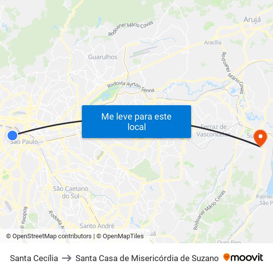 Santa Cecília to Santa Casa de Misericórdia de Suzano map