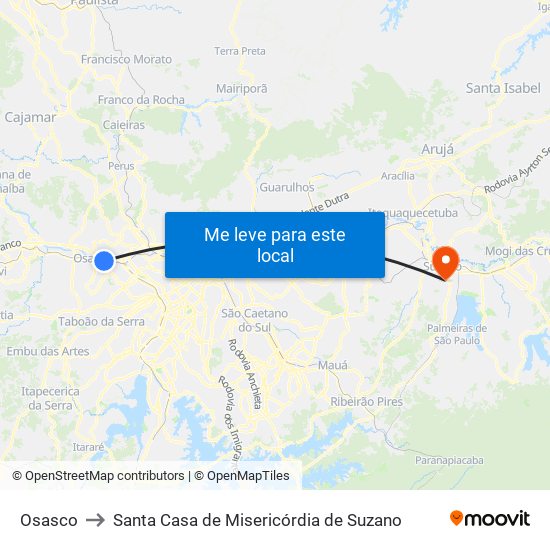 Osasco to Santa Casa de Misericórdia de Suzano map