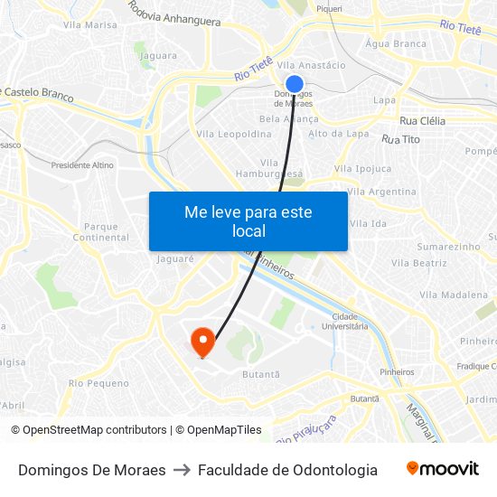 Domingos De Moraes to Faculdade de Odontologia map